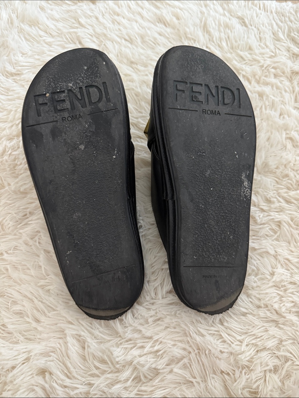 Fendi Black Leather Slides with Gold FENDI Lettering - Picture 4 of 5